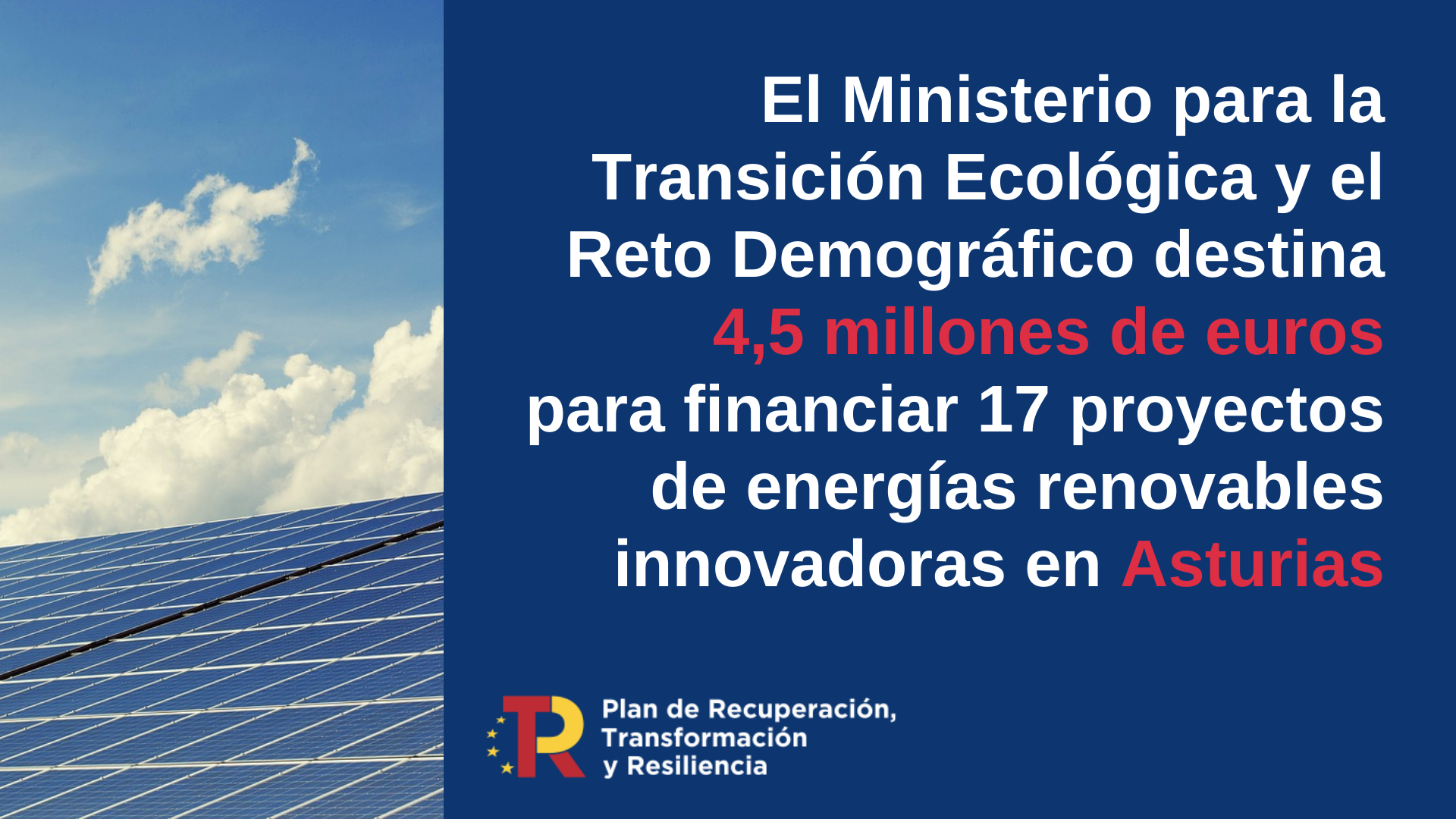 El MITECO destina 4,5 millones de euros para impulsar 17 proyectos de energías renovables innovadoras en Asturias