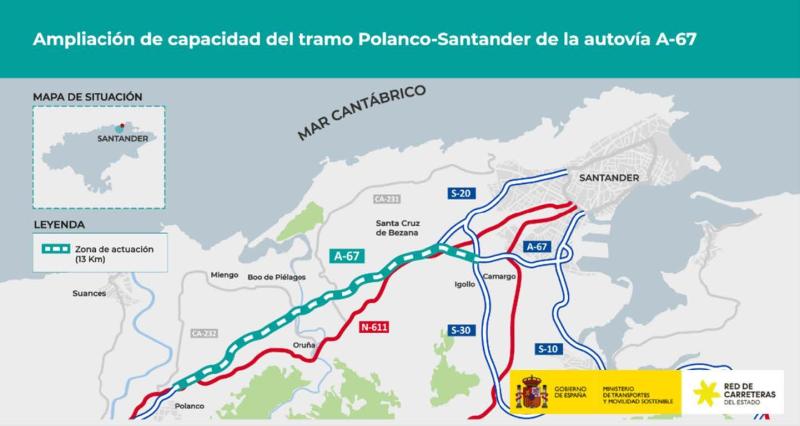 Transportes formaliza por 173 millones de euros las obras para ampliar a tres carriles la autovía A-67 entre Polanco y Santander