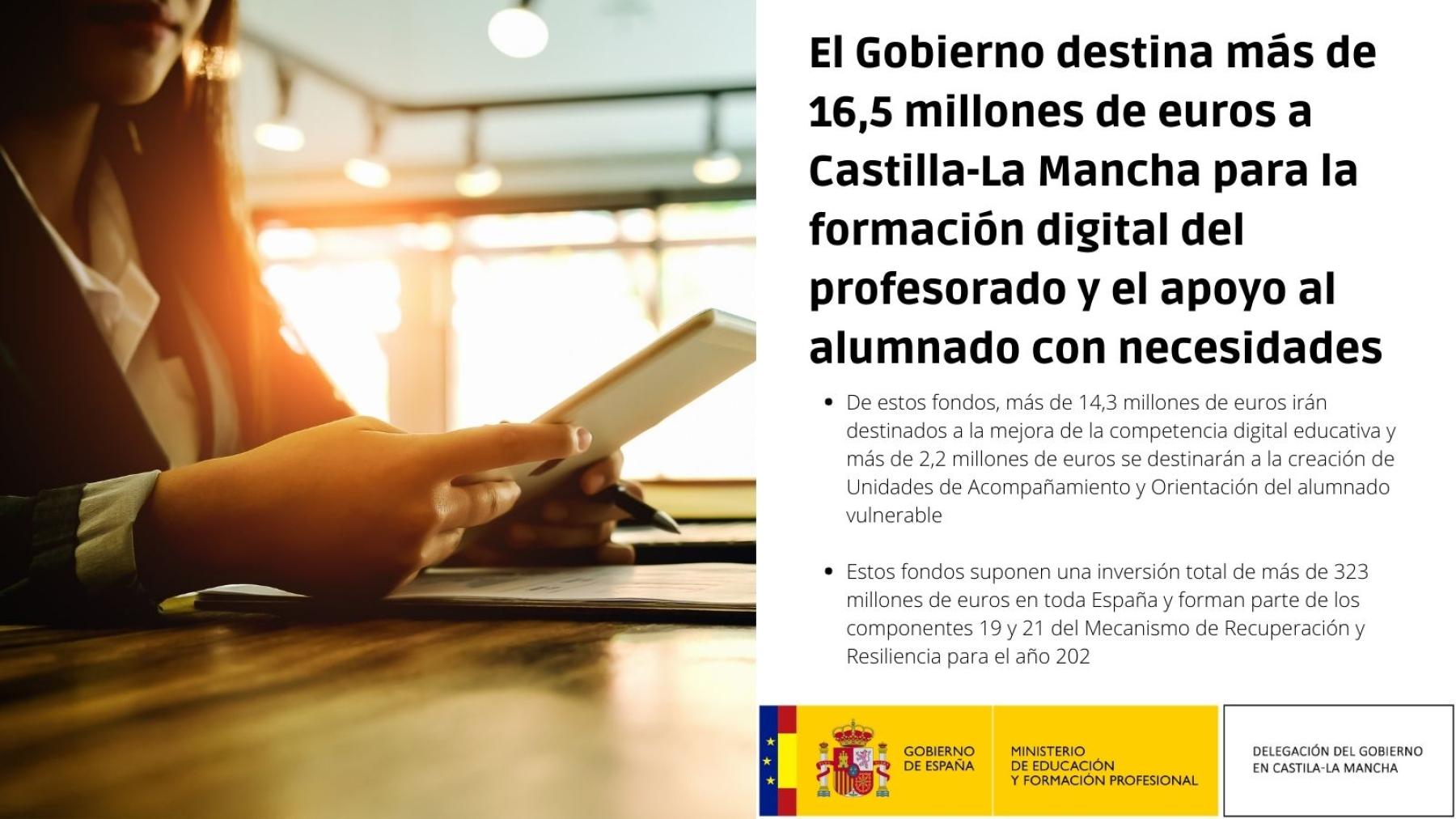 El Gobierno destina más de 16,5 millones de euros a Castilla-La Mancha para la formación digital del profesorado y el apoyo al alumnado con necesidades